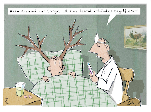 Cartoon: Jagdfieber (medium) by Jan Rieckhoff tagged jagd,jaegerei,jaeger,waidwerk,weidwerk,forstwirtschaft,foerster,wald,wild,wildbret,wildtiere,hirsch,reh,rotwild,geweih,gehoern,jagdtrophaee,fangen,erlegen,schiessen,krankheit,arzt,fieber,cartoon,comic,karikatur,witz,jan,rieckhoff,jagd,jaegerei,jaeger,waidwerk,weidwerk,forstwirtschaft,foerster,wald,wild,wildbret,wildtiere,hirsch,reh,rotwild,geweih,gehoern,jagdtrophaee,fangen,erlegen,schiessen,krankheit,arzt,fieber,cartoon,comic,karikatur,witz,jan,rieckhoff