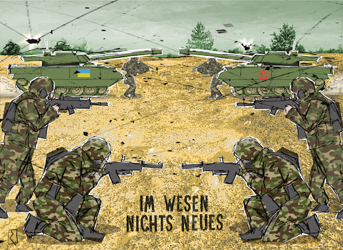 Cartoon: Krieg (medium) by Jan Rieckhoff tagged krieg,ukraine,russland,konflikt,überfall,kampf,beschuss,waffen,munition,ausrüstung,lieferung,soldaten,panzer,verluste,nato,generalsekretär,krim,halbinsel,kiew,moskau,stellung,gelände,gewinn,militär,attacken,truppen,bewegung,front,kommandeur,söldner,wagner,verteidigung,generalstab,angriff,flugabwehr,luftwaffe,raketen,drohnen,grenzen,pro,anti,russisch,ukrainisch,garnison,stationiert,offensive,feind,freund,selenski,putin,unterstützung,verteidigungsminister,kampfflugzeug,sieg,niederlage,einmarsch,verletzte,tote,opfer,flüchtlinge,grauen,im,westen,nichts,neues,antkriegs,roman,erich,maria,remarque,persiflage,cartoon,witz,comic,karikatur,jan,rieckhoff,krieg,ukraine,russland,konflikt,überfall,kampf,beschuss,waffen,munition,ausrüstung,lieferung,soldaten,panzer,verluste,nato,generalsekretär,krim,halbinsel,kiew,moskau,stellung,gelände,gewinn,militär,attacken,truppen,bewegung,front,kommandeur,söldner,wagner,verteidigung,generalstab,angriff,flugabwehr,luftwaffe,raketen,drohnen,grenzen,pro,anti,russisch,ukrainisch,garnison,stationiert,offensive,feind,freund,selenski,putin,unterstützung,verteidigungsminister,kampfflugzeug,sieg,niederlage,einmarsch,verletzte,tote,opfer,flüchtlinge,grauen,im,westen,nichts,neues,antkriegs,roman,erich,maria,remarque,persiflage,cartoon,witz,comic,karikatur,jan,rieckhoff