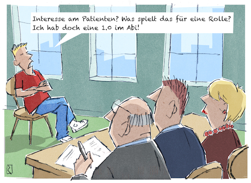 Cartoon: Prüfung (medium) by Jan Rieckhoff tagged schule,bildung,abitur,abiturient,abiturientin,zeugnis,schuldirektor,schulnoten,schulzensur,benotung,schulfach,reife,abschluss,studium,student,studentin,pruefung,komitee,ausschuss,numerus,clausus,notendurchschnitt,universitaet,medizinstudium,diplom,studienfach,eignung,empathie,qualifikation,beruf,berufung,arzt,aerztin,cartoon,comic,witz,karikatur,jan,rieckhoff,schule,bildung,abitur,abiturient,abiturientin,zeugnis,schuldirektor,schulnoten,schulzensur,benotung,schulfach,reife,abschluss,studium,student,studentin,pruefung,komitee,ausschuss,numerus,clausus,notendurchschnitt,universitaet,medizinstudium,diplom,studienfach,eignung,empathie,qualifikation,beruf,berufung,arzt,aerztin,cartoon,comic,witz,karikatur,jan,rieckhoff