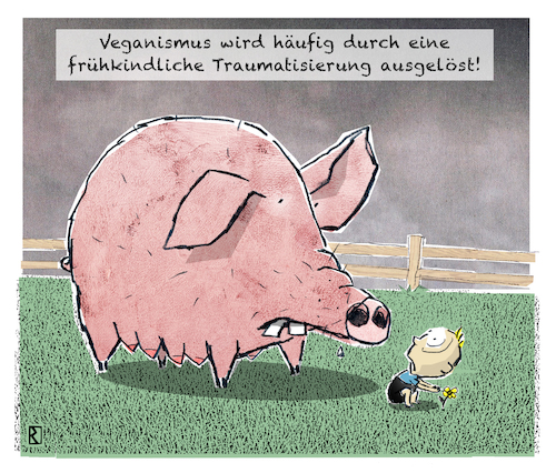 Cartoon: Schwein quer (medium) by Jan Rieckhoff tagged vegetarier,veganismus,vegan,pflanzlich,pflanzen,tierisch,fleisch,schwein,schnitzel,steak,kotelett,haxn,eisbein,schinken,wurst,gesundheit,gesund,ungesund,braten,grillen,verzehren,fett,speise,essen,ernährung,kost,kinder,schaden,schädlich,erziehung,trauma,psychologisch,psychologie,prägung,frühkindlich,cartoon,comic,karikatur,witz,jan,rieckhoff,vegetarier,veganismus,vegan,pflanzlich,pflanzen,tierisch,fleisch,schwein,schnitzel,steak,kotelett,haxn,eisbein,schinken,wurst,gesundheit,gesund,ungesund,braten,grillen,verzehren,fett,speise,essen,ernährung,kost,kinder,schaden,schädlich,erziehung,trauma,psychologisch,psychologie,prägung,frühkindlich,cartoon,comic,karikatur,witz,jan,rieckhoff