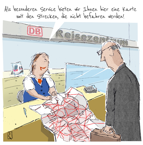 Cartoon: Streckenkarte (medium) by Jan Rieckhoff tagged deutsche,bahn,db,fahrplan,streckenplan,streckenkarte,bahnverbindungen,streckensperrung,vollsperrung,störung,instandhaltung,gleisbauarbeiten,zugausfall,zugverkehr,zugbetrieb,zugverbindung,schienen,schienenverkehr,schienennetz,auskunft,reisecenter,reisezentrum,service,fahrplanänderung,unzuverlässig,probleme,personalmangel,veraltet,infrastruktur,technik,mängel,dauerkrise,fahrgast,beschwerden,witz,cartoon,comic,karikatur,jan,rieckhoff,deutsche,bahn,db,fahrplan,streckenplan,streckenkarte,bahnverbindungen,streckensperrung,vollsperrung,störung,instandhaltung,gleisbauarbeiten,zugausfall,zugverkehr,zugbetrieb,zugverbindung,schienen,schienenverkehr,schienennetz,auskunft,reisecenter,reisezentrum,service,fahrplanänderung,unzuverlässig,probleme,personalmangel,veraltet,infrastruktur,technik,mängel,dauerkrise,fahrgast,beschwerden,witz,cartoon,comic,karikatur,jan,rieckhoff