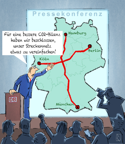 Cartoon: Streckennetz DB (medium) by Jan Rieckhoff tagged deutsche,bahn,db,fahrplan,bahnverbindungen,zugverkehr,zugbetrieb,zugverbindung,schienenverkehr,einschraenkung,reduzierung,service,fahrplanaenderung,chaos,dauerkrise,fahrgast,warten,stress,strecke,streckennetz,schienennetz,verbindungen,klima,klimaziel,co2,bilanz,umwelt,umweltvetraeglichkeit,umweltschonend,nachhaltig,ozonloch,atmosphaere,pressekonferenz,witz,cartoon,comic,karikatur,jan,rieckhoff,deutsche,bahn,db,fahrplan,bahnverbindungen,zugverkehr,zugbetrieb,zugverbindung,schienenverkehr,einschraenkung,reduzierung,service,fahrplanaenderung,chaos,dauerkrise,fahrgast,warten,stress,strecke,streckennetz,schienennetz,verbindungen,klima,klimaziel,co2,bilanz,umwelt,umweltvetraeglichkeit,umweltschonend,nachhaltig,ozonloch,atmosphaere,pressekonferenz,witz,cartoon,comic,karikatur,jan,rieckhoff