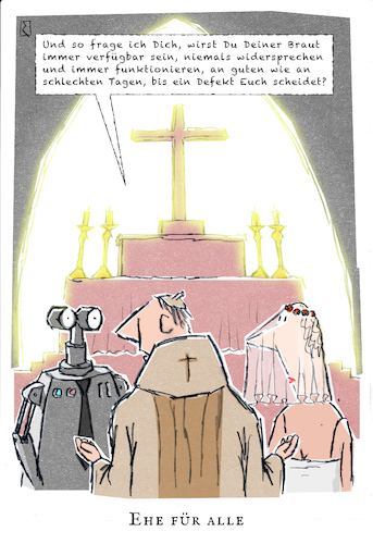 Cartoon: Trauung (medium) by Jan Rieckhoff tagged ehe,hochzeit,trauung,kirche,religion,gesetz,pfarrer,priester,pastor,paar,roboter,schwule,lesben,cartoon,comic,jan,rieckhoff,ehe,hochzeit,trauung,kirche,religion,gesetz,pfarrer,priester,pastor,paar,roboter,schwule,lesben,cartoon,comic,jan,rieckhoff