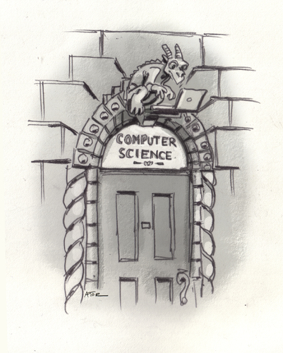 Cartoon: Computer Science gargoyle (medium) by r8r tagged computer,science,tech,gargoyle,school,cathedral,education,technology,college,academic,academe,sculpture,sculpted,stone