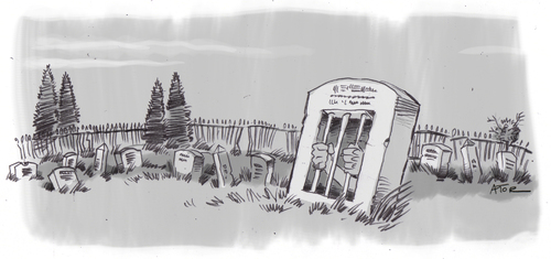 Cartoon: death cannot hold me (medium) by r8r tagged death,grave,graveyard,headstone,prison,bars,tod,sterben,grabstein,grab,friedhof,gefängnis,gefangen,existenz