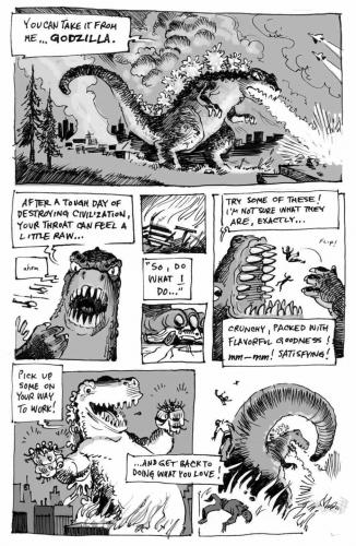 Cartoon: hard work (medium) by r8r tagged godzilla,monster,civilization,morsel,eat,chew,comic,strip,godzilla,monster,ungeheuer,stadt,menschen,zerstörung,katastrophe,zivilisation,auffressen,essen,nahrung