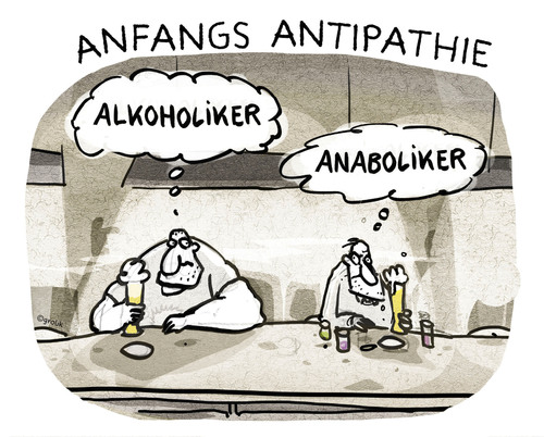 Cartoon: Annäherung... (medium) by markus-grolik tagged hour,happy,bar,grolik,cartoon,prost,doping,muskeln,maenner,mann,freundschaft,bekanntschaft,tresen,bier,suff,einheit,deutschen,der,tag,party,zechen,kneipe,alkohol