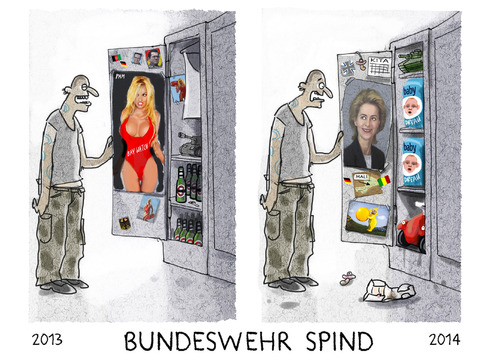 Cartoon: ... (medium) by markus-grolik tagged bundeswehr,reform,ursula,von,der,leyen,familienfreundlich,sexistisch,arbeitgeber,dienstleister,zeit,soldat,söldner,bund,deutschland,waffenexporteur,rüstungsweltmeister,export,cartoon,grolik