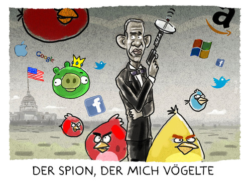 Cartoon: ... (medium) by markus-grolik tagged grolik,cartoon,spähprogramm,ausspähen,usa,obama,zuckerberg,nokia,birds,angry,networks,social,apple,microsoft,twitter,google,facebook,amazon,vögel,spion,nsa