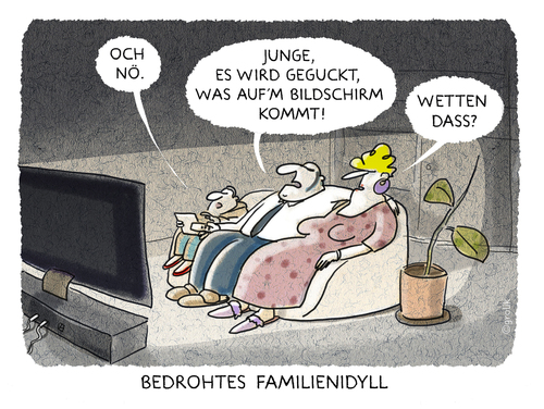 Cartoon: .... (medium) by markus-grolik tagged zdf,gez,samstagabendshow,unterhaltung,tv,fernsehen,wetten,dass,glotze,gebühren,zeiten,wandel,gottschalk,nostalgie,cartoon,grolik