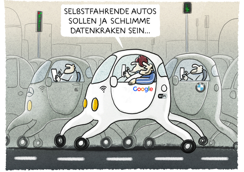 Cartoon: ... (medium) by markus-grolik tagged selbstfahrende,autos,apple,tesla,google,daten,bmw,verkehr,auto,datenschutz,datenkrake,selbstfahrende,autos,apple,tesla,google,daten,bmw,verkehr,auto,datenschutz,datenkrake