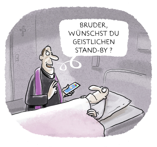 Cartoon: ... (medium) by markus-grolik tagged seelsorge,pfarrer,priester,online,smartfon,sterbebett,seelsorge,pfarrer,priester,online,smartfon,sterbebett