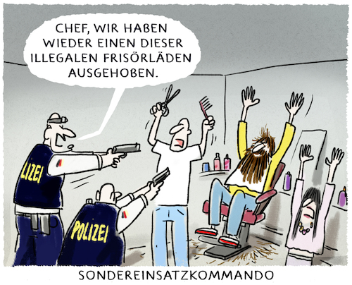 Cartoon: SEK Corona (medium) by markus-grolik tagged friseure,lange,haare,corona,kontaktverbot,illegalitaet,schwarzarbeit,sek,polizei,frisoer,friseur,friseure,lange,haare,corona,kontaktverbot,illegalitaet,schwarzarbeit,sek,polizei,frisoer,friseur