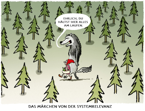 Cartoon: ... (medium) by markus-grolik tagged systemrelevanz,märchen,rotkäppchen,wald,lügen,versprechung,pflegeberuf,pflege,wolf,systemrelevanz,märchen,rotkäppchen,wald,lügen,versprechung,pflegeberuf,pflege,wolf