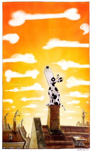 Cartoon: Abendstimmung (medium) by markus-grolik tagged hundehimmel,hunde,hund,dalmatiner,puppie,hündchen,doggie,dog,schornstein,kamin,dächer,sonne,sonnenuntergang,abend,sehnsucht,wolkenlandschaft,knochenhart,knochen,traum