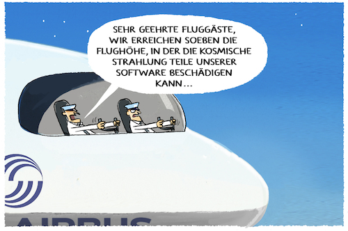 Cartoon: Airbus... (medium) by markus-grolik tagged airbus,software,kosmische,strahlung,flugreisende,flugreisen,flugsicherheit,sicherheit,risiko,airbus,software,kosmische,strahlung,flugreisende,flugreisen,flugsicherheit,sicherheit,risiko