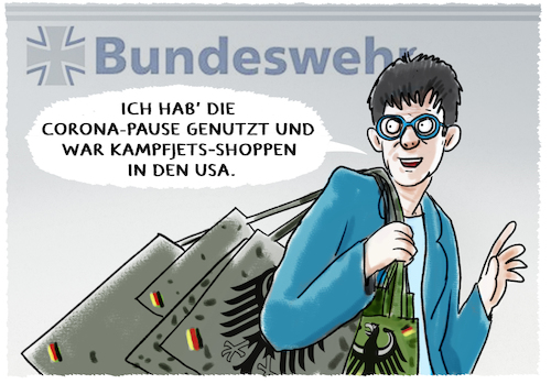 Cartoon: AKK auf Einkaufstour... (medium) by markus-grolik tagged deutschland,akk,annegret,kramp,karrenbauer,bundeswehr,militaer,waffen,kaufen,kampfjet,jet,kampfjets,deutschland,akk,annegret,kramp,karrenbauer,bundeswehr,militaer,waffen,kaufen,kampfjet,jet,kampfjets