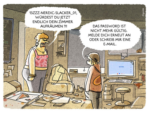 Cartoon: Alltagstaugliche Passwörter... (medium) by markus-grolik tagged password,passwörter,passwort,verschlüsselung,verschlüsseln,cartoon,grolik,nerd,nerds,mama,hotel,teen,pubertät,pubertier,mac,apple,pc