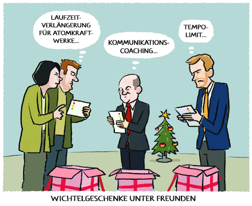 Cartoon: Ampel Weihnachtsfeier... (medium) by markus-grolik tagged ampel,weihnachten,koalitionspartner,gruene,spd,fdp,bundesregierung,akw,atomkraft,laufzeitverlaengerung,strombedarf,emobilitaet,tempolimit,scholz,habeck,lindner,ampel,weihnachten,koalitionspartner,gruene,spd,fdp,bundesregierung,akw,atomkraft,laufzeitverlaengerung,strombedarf,emobilitaet,tempolimit,scholz,habeck,lindner