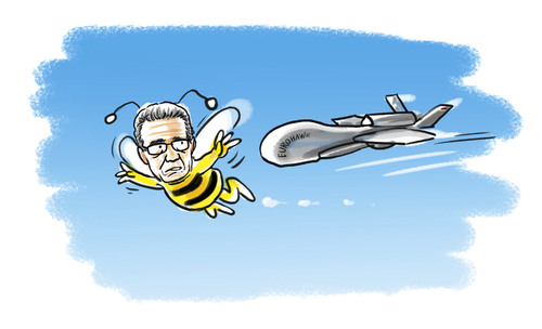 Cartoon: Armes Arbeitsbienchen... (medium) by markus-grolik tagged grolik,cartoon,unbemannt,aufklärung,verteidingsministerium,bundeswehr,verteidigungsminister,bunderverteidigungsminister,eurohawk,drohne,maziere,de