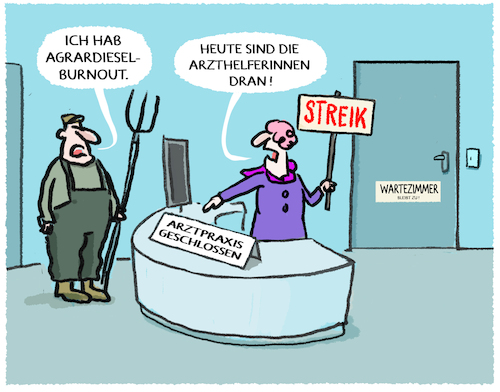 Cartoon: Arzthelferinnen im Streik.. (medium) by markus-grolik tagged arzthelferinnen,arztpraxen,wartezimmer,streik,warnstreiks,medizinische,fachangestellte,deutschland,gesundheitssystem,bezahlung,tariflohn,inflation,agrardiesel,lobby,bauernverband,arzthelferinnen,arztpraxen,wartezimmer,streik,warnstreiks,medizinische,fachangestellte,deutschland,gesundheitssystem,bezahlung,tariflohn,inflation,agrardiesel,lobby,bauernverband