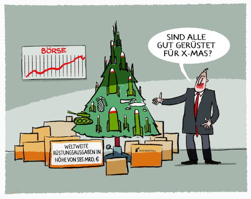 Cartoon: Aufrüstung... (medium) by markus-grolik tagged ruestung,aufruestung,boerse,ruestungsausgaben,waffen,rheinmetall,anstieg,waffenexporte,ruestung,aufruestung,boerse,ruestungsausgaben,waffen,rheinmetall,anstieg,waffenexporte