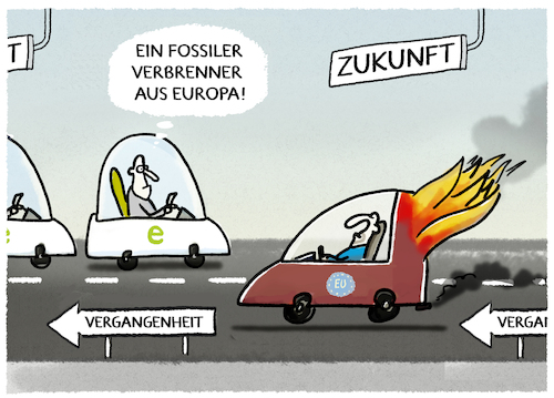 Cartoon: Aus vom Verbrenner-Aus... (medium) by markus-grolik tagged eu,europa,verbrenner,aus,auto,elektroauto,zukunft,vergangenheit,benzin,oel,eu,europa,verbrenner,aus,auto,elektroauto,zukunft,vergangenheit,benzin,oel