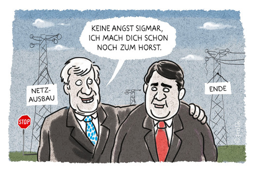 Cartoon: Bayrische Energiepolitik... (medium) by markus-grolik tagged netzausbau,moratorium,energiewende,stop,ende,gabriel,spd,csu,groko,rwe,eon,seehofer,sigmar,horst,cartoon,grolik