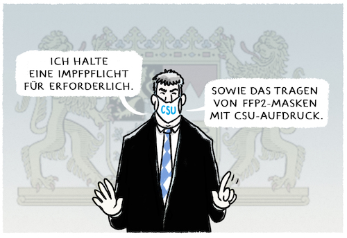 Cartoon: Bayrische Verhältnisse (medium) by markus-grolik tagged bayern,söder,csu,ffp2,masken,corona,pandemie,impfpflicht,bayern,söder,csu,ffp2,masken,corona,pandemie,impfpflicht