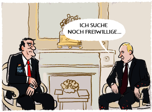 Cartoon: Best Buddies (medium) by markus-grolik tagged schroeder,putin,gazprom,deutschland,russland,spd,altkanzler,ukraine,krieg,freiwillige,schroeder,putin,gazprom,deutschland,russland,spd,altkanzler,ukraine,krieg,freiwillige