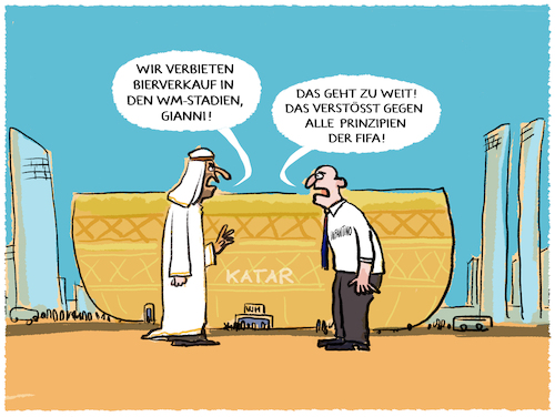 Cartoon: Bierverbot Katar (medium) by markus-grolik tagged katar,fussball,wm,gianni,infantino,fifa,bierverbot,bier,stadien,katar,fussball,wm,gianni,infantino,fifa,bierverbot,bier,stadien