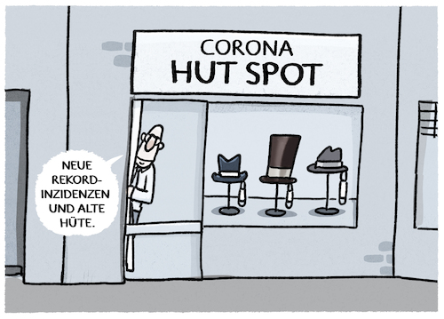 Cartoon: Business as usual (medium) by markus-grolik tagged pandemie,corona,inzidenzen,omikron,deutschland,hotspot,coronamassnahmen,maskenpflichtimpfquote,impfpflicht,herbstwelle,hut,spot,pandemie,corona,inzidenzen,omikron,deutschland,hotspot,coronamassnahmen,maskenpflichtimpfquote,impfpflicht,herbstwelle,hut,spot