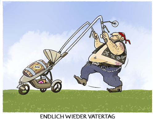 Cartoon: Chopper Dad on the road (medium) by markus-grolik tagged vatertag,maenner,traditionen,bier,himmelfahrt,deutschland,maennerbild,chopper,kinderwagen,familie,vatertag,maenner,traditionen,bier,himmelfahrt,deutschland,maennerbild,chopper,kinderwagen,familie