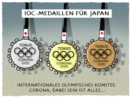 Cartoon: Corona Olympia 2020.. (medium) by markus-grolik tagged medaillen,tokio,olympia,ioc,absage,corona,sport,funktionäre,profit,gier,gesundheit,medaillen,tokio,olympia,ioc,absage,corona,sport,funktionäre,profit,gier,gesundheit