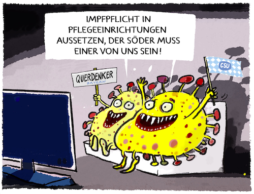 Cartoon: CSU-Strategie (medium) by markus-grolik tagged soeder,csu,impfpflicht,aussetzen,pflegeeinrichtungen,ministerpraesident,kliniken,pflegepersonal,vulnerable,gruppen,schutz,bayern,gesundheitsminister,lauterbach,pandemie,omikron,gesetzgebung,umsetzung,rechtsstaat,vollzug,impfquote,impfung,corona,kommunikation,querdenker,wahlen,waehlerstimmen,soeder,csu,impfpflicht,aussetzen,pflegeeinrichtungen,ministerpraesident,kliniken,pflegepersonal,vulnerable,gruppen,schutz,bayern,gesundheitsminister,lauterbach,pandemie,omikron,gesetzgebung,umsetzung,rechtsstaat,vollzug,impfquote,impfung,corona,kommunikation,querdenker,wahlen,waehlerstimmen