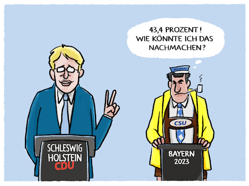 Cartoon: Daniel Guenther (medium) by markus-grolik tagged schleswig,holstein,daniel,guenther,cdu,union,soeder,umfragewerte,bayern,csu,landtagswahlen,2023,ministerpraesident,norden,süden,föderalismus,schleswig,holstein,daniel,guenther,cdu,union,soeder,umfragewerte,bayern,csu,landtagswahlen,2023,ministerpraesident,norden,süden,föderalismus