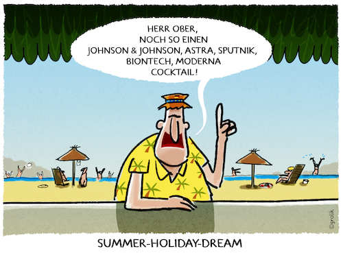 Cartoon: Daydreaming.. Impfcocktail (medium) by markus-grolik tagged johnson,pfizer,astra,zeneca,sputnik,biontech,pandemie,sommer,corona,tourismus,beachbar,johnson,pfizer,astra,zeneca,sputnik,biontech,pandemie,sommer,corona,tourismus,beachbar
