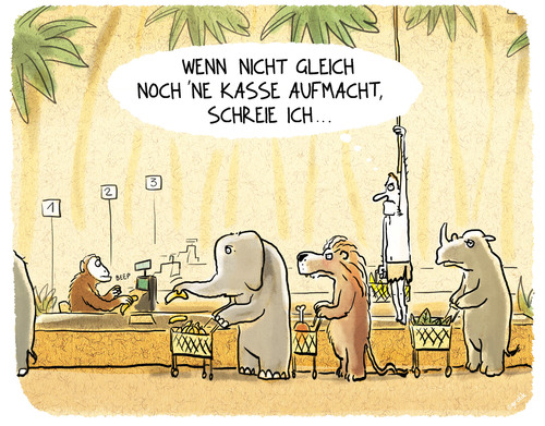 Cartoon: ...der Herr des Dschungels (medium) by markus-grolik tagged tarzanschrei,urwald,dschungel,kasse,schlange,scanner,einkauf,einkaufen,sonderangebot,konsum,jane,affen,tiere,warten,geduld,entschleunigung,stress,kino,film,menschenaffen,cartoon,alltag,grolik