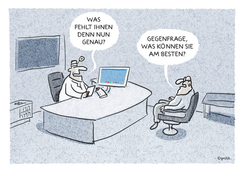 Cartoon: Diagnostik (medium) by markus-grolik tagged grolik,cartoon,privat,krankenkasse,diagnostik,doktor,sprechzimmer,gesundheit,krankheit,patient,arzt,klinik