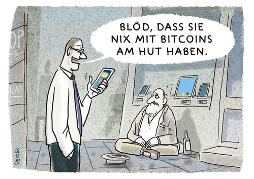 Cartoon: Kein Bargeld mehr ... (medium) by markus-grolik tagged grolik,cartoon,sozialfall,abgehängt,elite,digitale,armut,gier,konsum,technik,computer,nerds,versprechungen,versprechen,internet,virtuell,digital,geld,währung,bitcoin,bitcoins