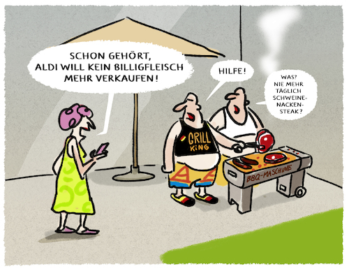 Cartoon: Discounter Fleischtheke (medium) by markus-grolik tagged aldi,billigfleisch,verkaufsstopp,deutschland,sortiment,bbq,grillfleisch,grillen,männer,freizeit,discounter,schweinenackensteaks,tierwohl,aldi,billigfleisch,verkaufsstopp,deutschland,sortiment,bbq,grillfleisch,grillen,männer,freizeit,discounter,schweinenackensteaks,tierwohl