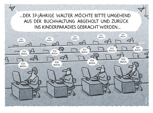 Cartoon: ...eine neue Arbeitswoche (medium) by markus-grolik tagged grolik,cartoon,depression,leben,alltag,out,burn,sinnkrise,wechseljahre,arbeistkollegen,kollegen,kinderparadies,buchhaltung,schreibtisch,geldverdienen,geld,büro,großraumbüro,frust,job,arbeit,arbeitswoche