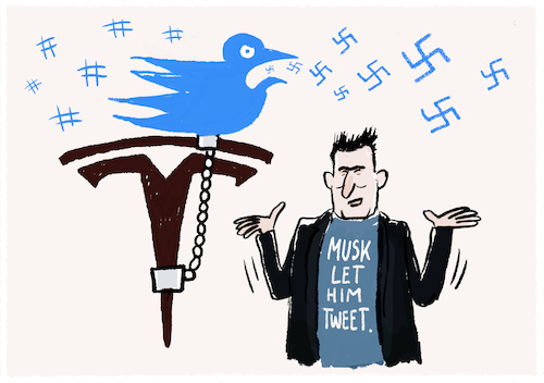 Cartoon: Elon Musks Twitter (medium) by markus-grolik tagged twitter,tweet,tweets,elon,musk,antisemitismus,tesla,usa,rechtsstaat,redefreiheit,staatsanwaltschaft,twitter,tweet,tweets,elon,musk,antisemitismus,tesla,usa,rechtsstaat,redefreiheit,staatsanwaltschaft