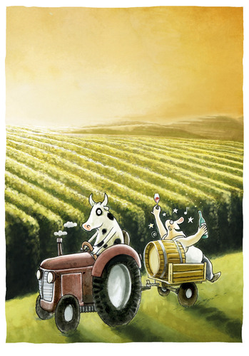 Cartoon: ..endlich Feierabend (medium) by markus-grolik tagged landwirt,kuh,reise,wein,landwirtschaft,feierabend,happy,hour,trinken,gals,burgunder,grolik,cartoon,traktor,natur,sonne,sonnenuntergang,gleichklang