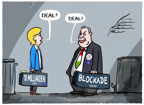 Cartoon: EU-Schmiergeld für Orban... (medium) by markus-grolik tagged brüssel,europa,viktor,orban,blockade,veto,ursula,von,der,leyen,deal,eu,gelder,bruessel,schmiergeld,putin,ukraine,russland,krieg,brüssel,europa,viktor,orban,blockade,veto,ursula,von,der,leyen,deal,eu,gelder,bruessel,schmiergeld,putin,ukraine,russland,krieg