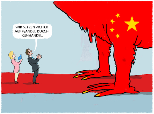 Cartoon: EU in Peking (medium) by markus-grolik tagged macron,frankreich,europa,bruessel,von,der,leyen,peking,china,xi,jinping,staatsbesuch,handel,wirtschaft,inflation,wachstum,russland,taiwan,ukrainekrieg,ukraine,voelkerrecht,macron,frankreich,europa,bruessel,von,der,leyen,peking,china,xi,jinping,staatsbesuch,handel,wirtschaft,inflation,wachstum,russland,taiwan,ukrainekrieg,ukraine,voelkerrecht