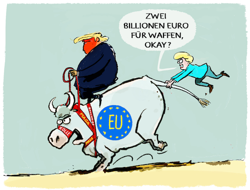 Cartoon: EU Verteidigungs-Budget (medium) by markus-grolik tagged waffen,ruestung,verteidigung,aufruestung,trump,europa,usa,nato,von,der,leyen,bruessel,waffen,ruestung,verteidigung,aufruestung,trump,europa,usa,nato,von,der,leyen,bruessel