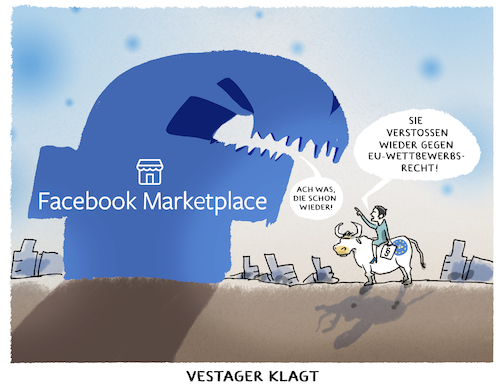 Cartoon: Facebook (medium) by markus-grolik tagged vestager,facebook,eu,wettbewerbsrecht,brüssel,zuckerberg,usa,technik,digital,vestager,facebook,eu,wettbewerbsrecht,brüssel,zuckerberg,usa,technik,digital