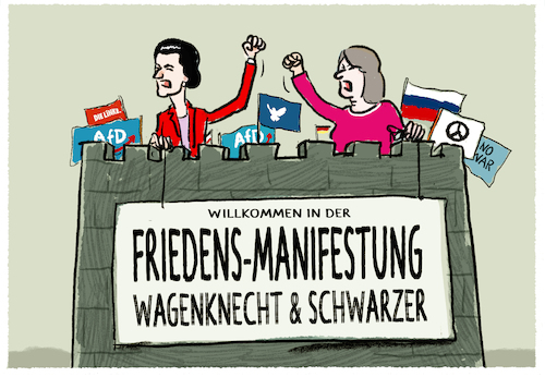 Cartoon: Friedensdemo in Berlin (medium) by markus-grolik tagged sarah,wagenknecht,linke,afd,alice,schwarzer,friedensdemo,russlan,putin,angriffskrieg,deutschland,manifest,manifestung,festung,pazifismus,freiheit,sarah,wagenknecht,linke,afd,alice,schwarzer,friedensdemo,russlan,putin,angriffskrieg,deutschland,manifest,manifestung,festung,pazifismus,freiheit