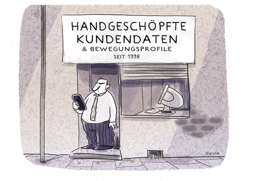 Cartoon: geschäftsmodell (medium) by markus-grolik tagged daten,kundendaten,big,data,überwachung,bewegungsprofile,datenschutz,verbraucher,verbraucherschutzsmartphone,tablet,grolik,cartoon